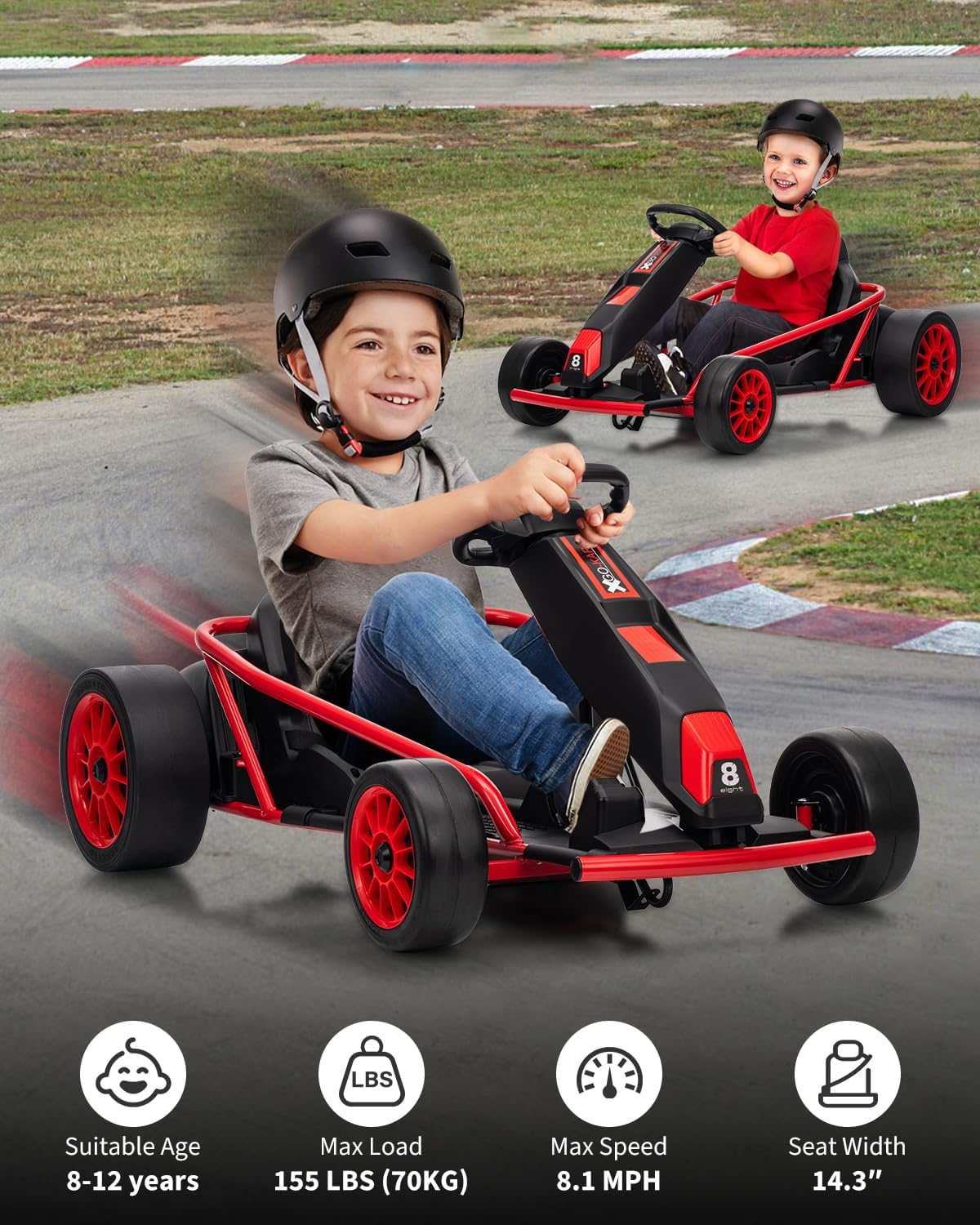Garvee 24V 9Ah Kids Ride On Go Kart Toy,High Speed 8.1MPH Drifting Car with 2x300W Motors,14.3" XL Seat,Full Metal Frame,Music,Power Display,Max Load 155Lbs Racing for Kids 8-12 Years - Red