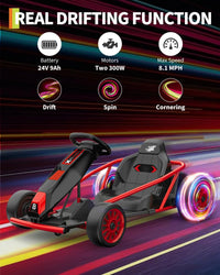 Garvee 24V 9Ah Kids Ride On Go Kart Toy,High Speed 8.1MPH Drifting Car with 2x300W Motors,14.3" XL Seat,Full Metal Frame,Music,Power Display,Max Load 155Lbs Racing for Kids 8-12 Years - Red
