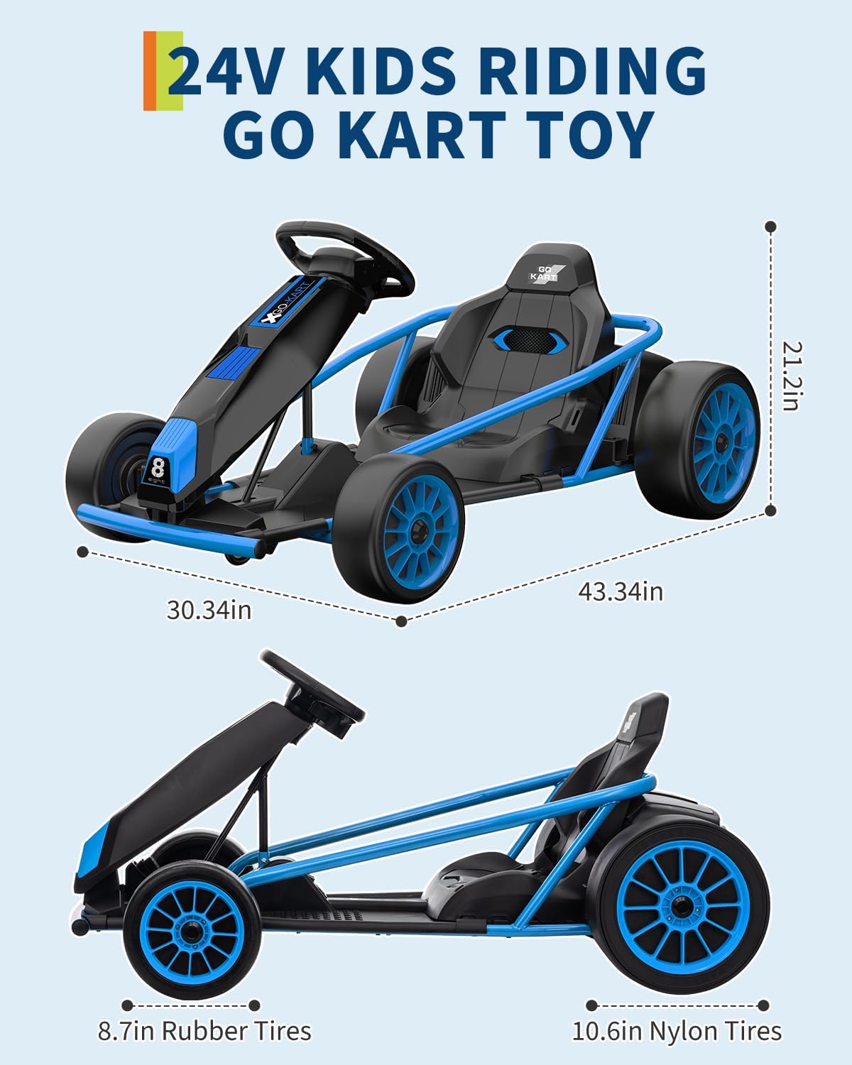 Garvee 24V 9Ah Kids Ride On Go Kart Toy,High Speed 8.1MPH Drifting Car with 2x300W Motors,14.3" XL Seat,Full Metal Frame,Music,Power Display,Max Load 155Lbs Racing for Kids 8-12 Years - Blue
