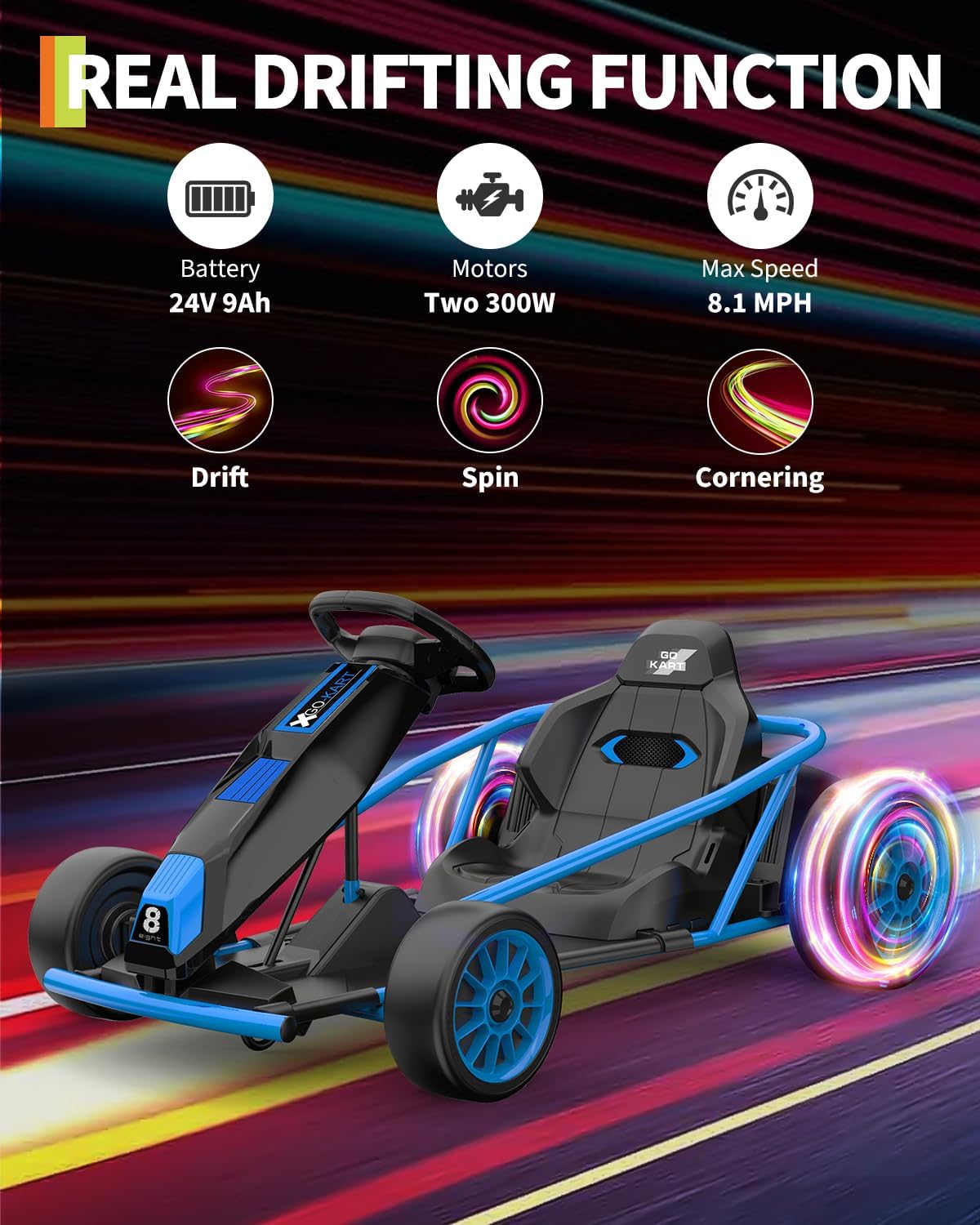 Garvee 24V 9Ah Kids Ride On Go Kart Toy,High Speed 8.1MPH Drifting Car with 2x300W Motors,14.3" XL Seat,Full Metal Frame,Music,Power Display,Max Load 155Lbs Racing for Kids 8-12 Years - Blue