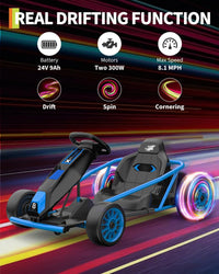 Garvee 24V 9Ah Kids Ride On Go Kart Toy,High Speed 8.1MPH Drifting Car with 2x300W Motors,14.3" XL Seat,Full Metal Frame,Music,Power Display,Max Load 155Lbs Racing for Kids 8-12 Years - Blue