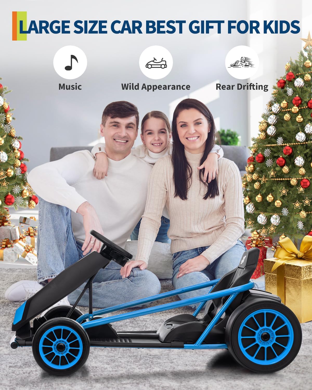 Garvee 24V 9Ah Kids Ride On Go Kart Toy,High Speed 8.1MPH Drifting Car with 2x300W Motors,14.3" XL Seat,Full Metal Frame,Music,Power Display,Max Load 155Lbs Racing for Kids 8-12 Years - Blue