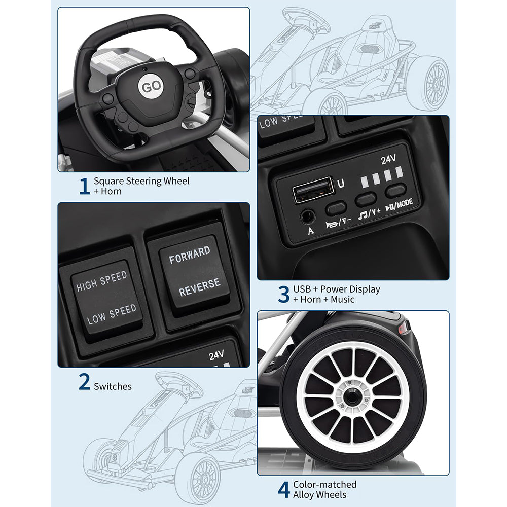 Garvee 24V 9Ah Kids Ride On Go Kart Toy,High Speed 8.1MPH Drifting Car with 2x300W Motors,14.3" XL Seat,Full Metal Frame,Music,Power Display,Max Load 155Lbs Racing for Kids 8-12 Years - White