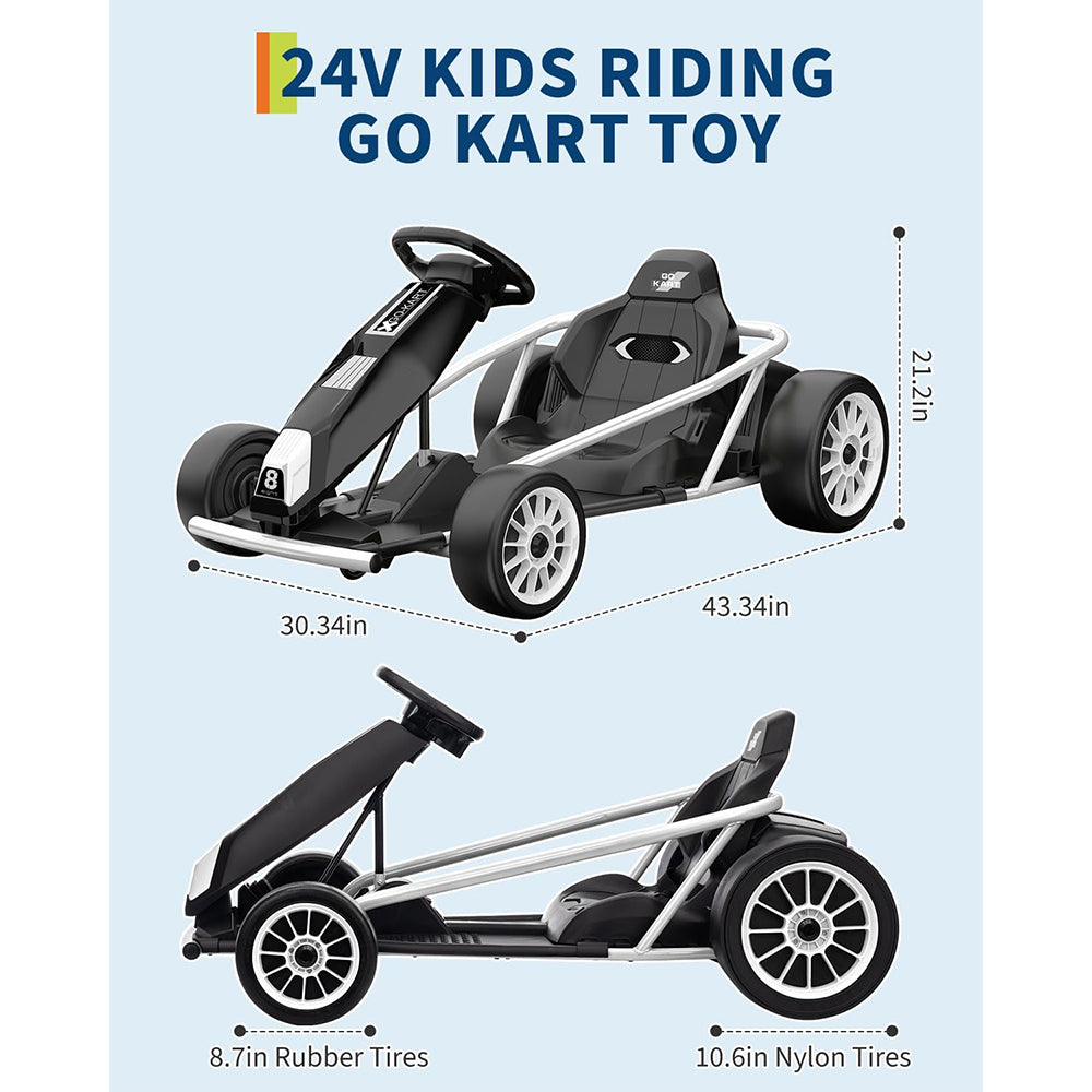 Garvee 24V 9Ah Kids Ride On Go Kart Toy,High Speed 8.1MPH Drifting Car with 2x300W Motors,14.3" XL Seat,Full Metal Frame,Music,Power Display,Max Load 155Lbs Racing for Kids 8-12 Years - White
