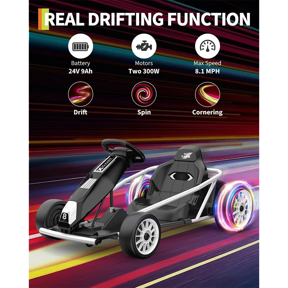 Garvee 24V 9Ah Kids Ride On Go Kart Toy,High Speed 8.1MPH Drifting Car with 2x300W Motors,14.3" XL Seat,Full Metal Frame,Music,Power Display,Max Load 155Lbs Racing for Kids 8-12 Years - White