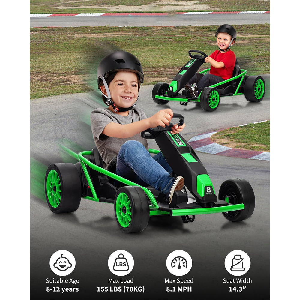Garvee24V 9Ah Kids Ride On Go Kart Toy,High Speed 8.1MPH Drifting Car with 2x300W Motors,14.3" XL Seat,Full Metal Frame,Music,Power Display,Max Load 155Lbs Racing for Kids 8-12 Years - Green