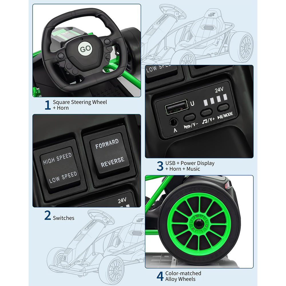 Garvee24V 9Ah Kids Ride On Go Kart Toy,High Speed 8.1MPH Drifting Car with 2x300W Motors,14.3" XL Seat,Full Metal Frame,Music,Power Display,Max Load 155Lbs Racing for Kids 8-12 Years - Green