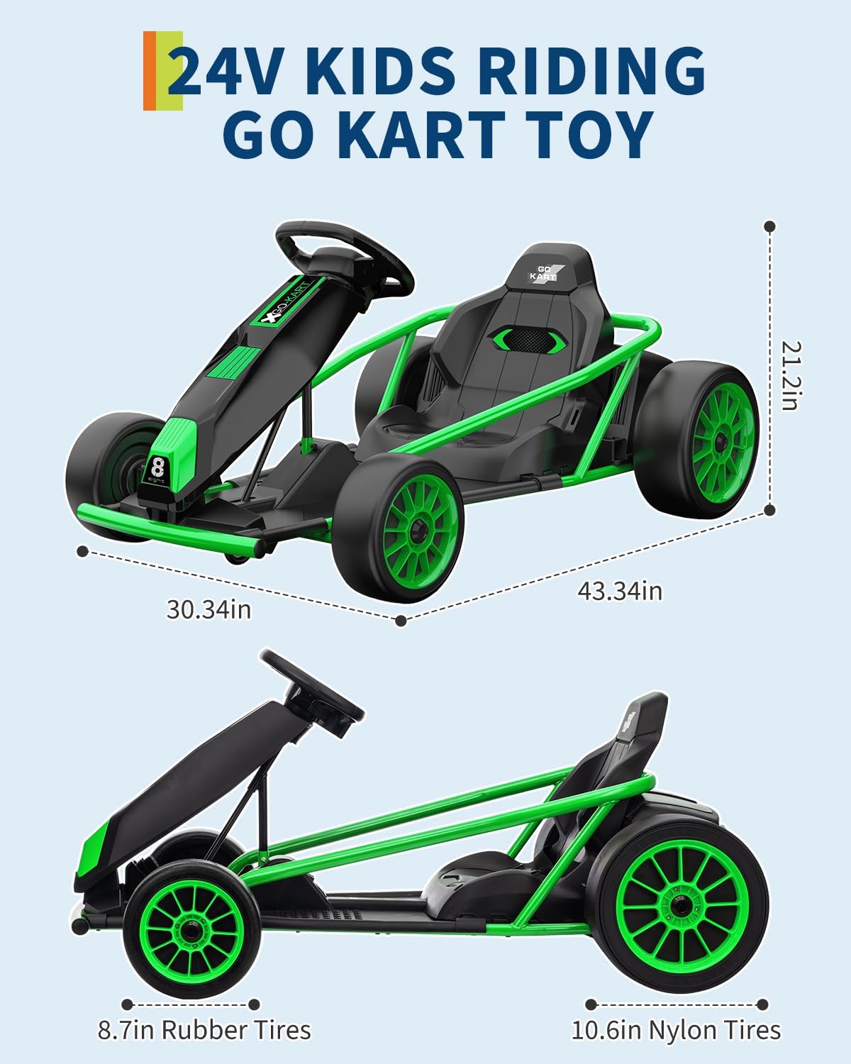 Garvee24V 9Ah Kids Ride On Go Kart Toy,High Speed 8.1MPH Drifting Car with 2x300W Motors,14.3" XL Seat,Full Metal Frame,Music,Power Display,Max Load 155Lbs Racing for Kids 8-12 Years - Green