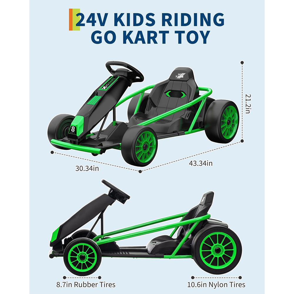 Garvee24V 9Ah Kids Ride On Go Kart Toy,High Speed 8.1MPH Drifting Car with 2x300W Motors,14.3" XL Seat,Full Metal Frame,Music,Power Display,Max Load 155Lbs Racing for Kids 8-12 Years - Green