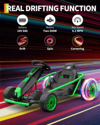 Garvee24V 9Ah Kids Ride On Go Kart Toy,High Speed 8.1MPH Drifting Car with 2x300W Motors,14.3" XL Seat,Full Metal Frame,Music,Power Display,Max Load 155Lbs Racing for Kids 8-12 Years - Green