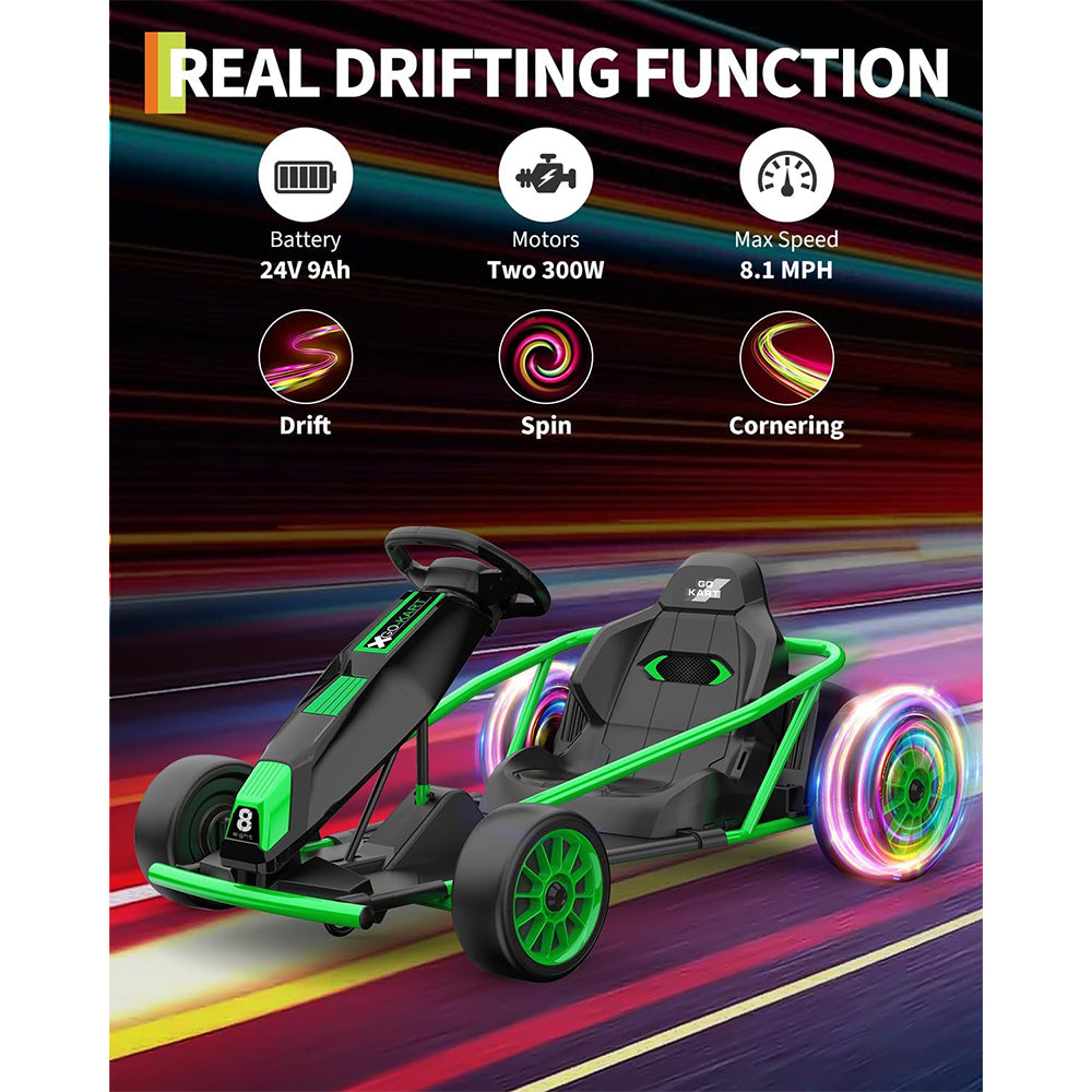 Garvee24V 9Ah Kids Ride On Go Kart Toy,High Speed 8.1MPH Drifting Car with 2x300W Motors,14.3" XL Seat,Full Metal Frame,Music,Power Display,Max Load 155Lbs Racing for Kids 8-12 Years - Green