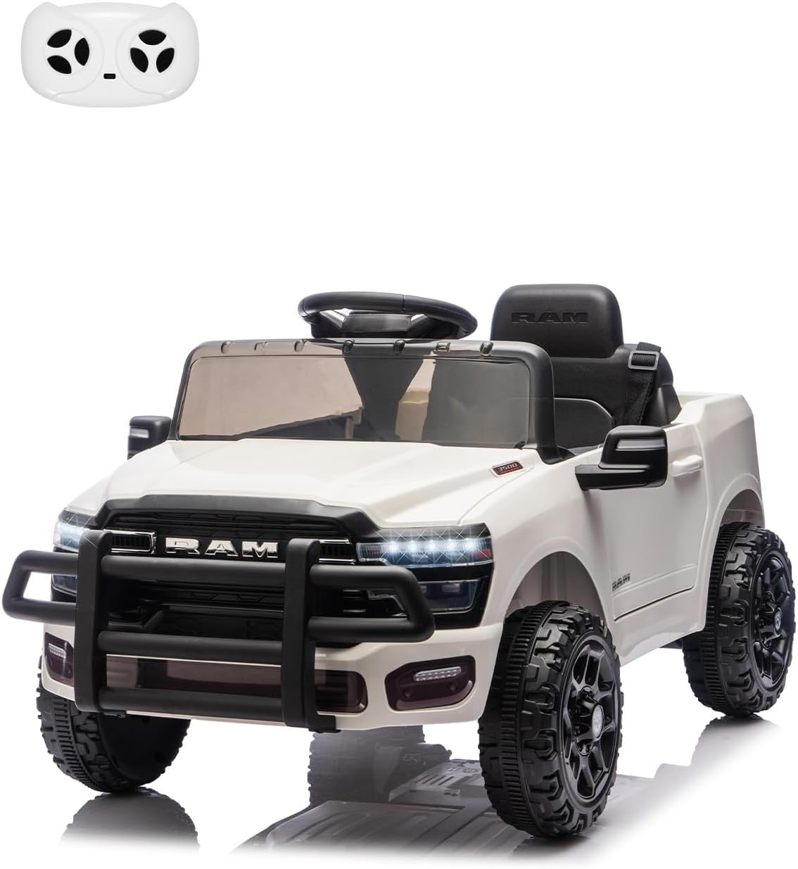 Garvee 12V Ride On Truck Car RAM Licensed Pickup, Remote Control, Spring Suspension, Battery Powered, LED Lights, All-Terrain Tires, White, Outdoor Play