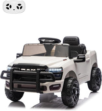 Garvee 12V Ride On Truck Car RAM Licensed Pickup, Remote Control, Spring Suspension, Battery Powered, LED Lights, All-Terrain Tires, White, Outdoor Play
