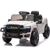 Garvee 12V Ride On Truck Car RAM Licensed Pickup, Remote Control, Spring Suspension, Battery Powered, LED Lights, All-Terrain Tires, White, Outdoor Play - White