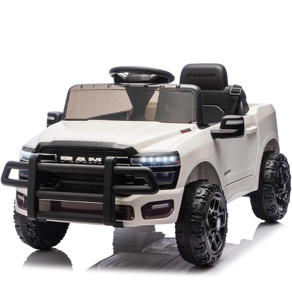 Garvee 12V Ride On Truck Car RAM Licensed Pickup, Remote Control, Spring Suspension, Battery Powered, LED Lights, All-Terrain Tires, White, Outdoor Play