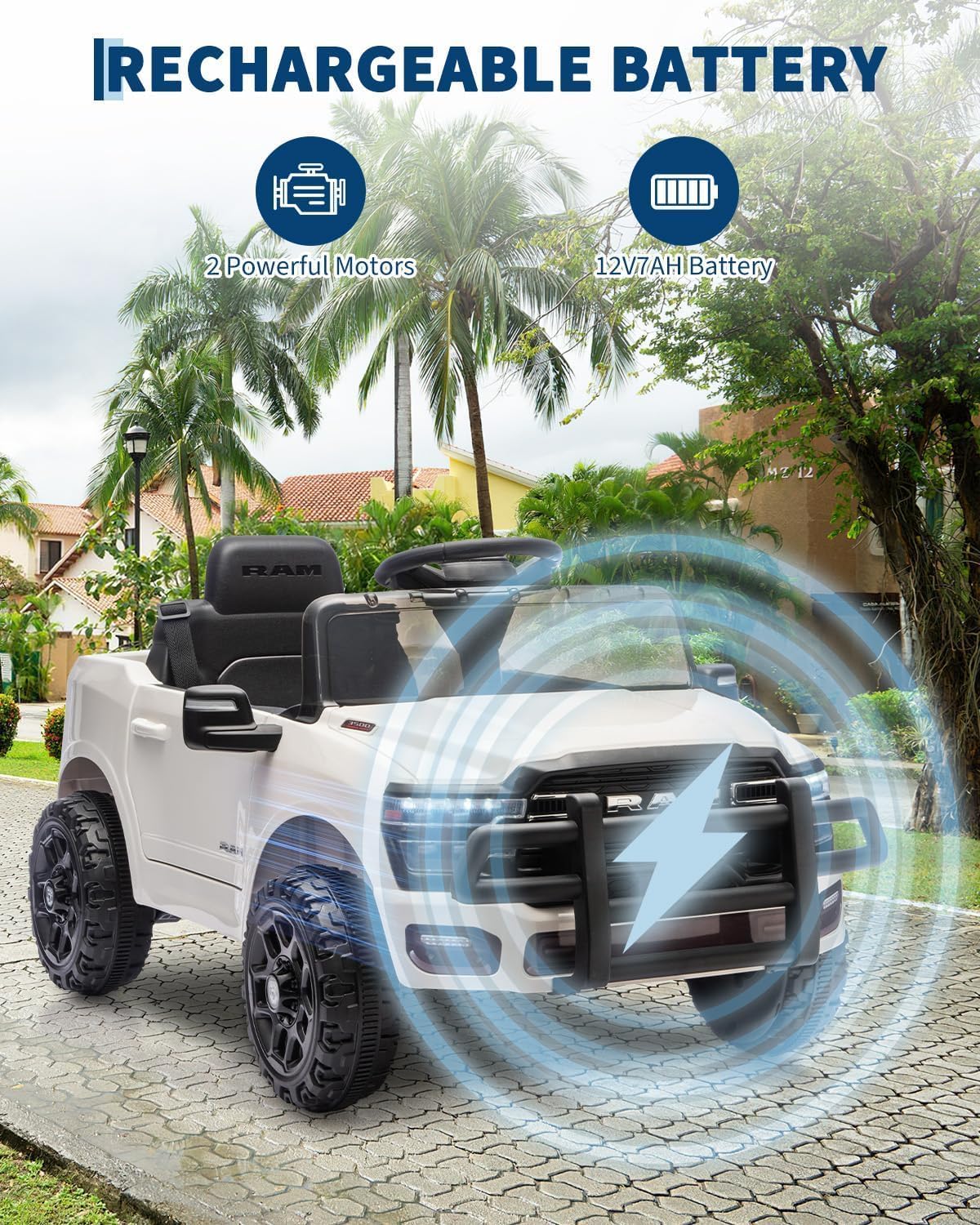 Garvee 12V Ride On Truck Car RAM Licensed Pickup, Remote Control, Spring Suspension, Battery Powered, LED Lights, All-Terrain Tires, White, Outdoor Play