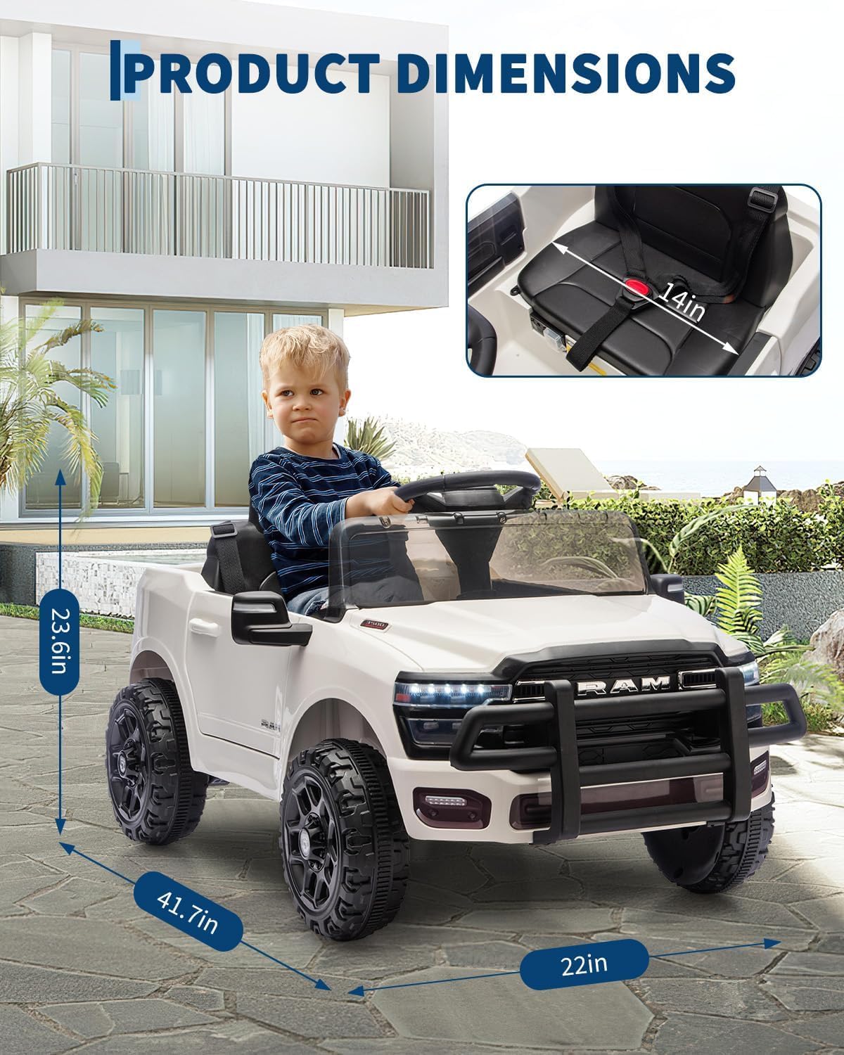 Garvee 12V Ride On Truck Car RAM Licensed Pickup, Remote Control, Spring Suspension, Battery Powered, LED Lights, All-Terrain Tires, White, Outdoor Play