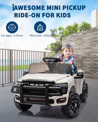 Garvee 12V Ride On Truck Car RAM Licensed Pickup, Remote Control, Spring Suspension, Battery Powered, LED Lights, All-Terrain Tires, White, Outdoor Play