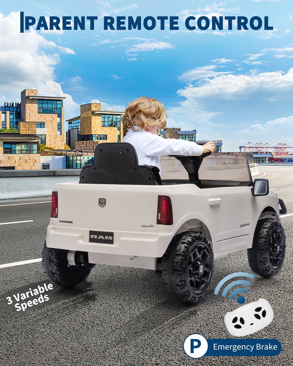 Garvee 12V Ride On Truck Car RAM Licensed Pickup, Remote Control, Spring Suspension, Battery Powered, LED Lights, All-Terrain Tires, White, Outdoor Play