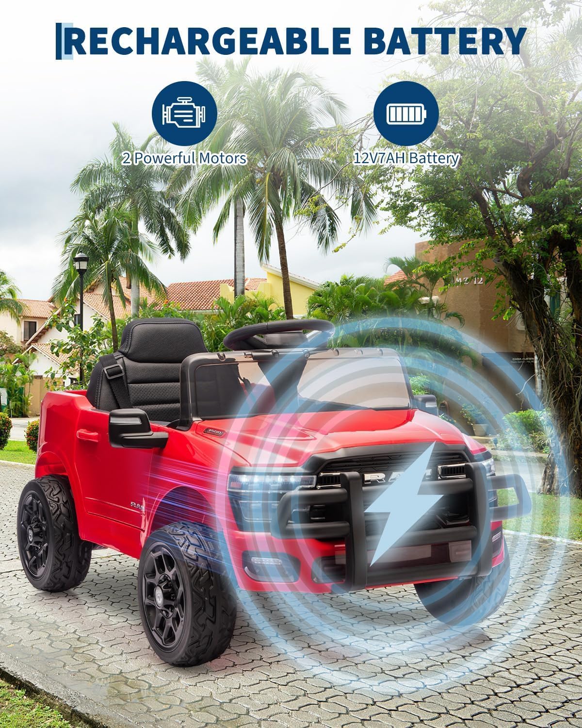 Garvee Kids Ride On Car RAM 12V Electric Truck with Remote Control, Spring Suspension, LED Lights, Music, Wide Seat, All-Terrain, for Toddlers Outdoor Play