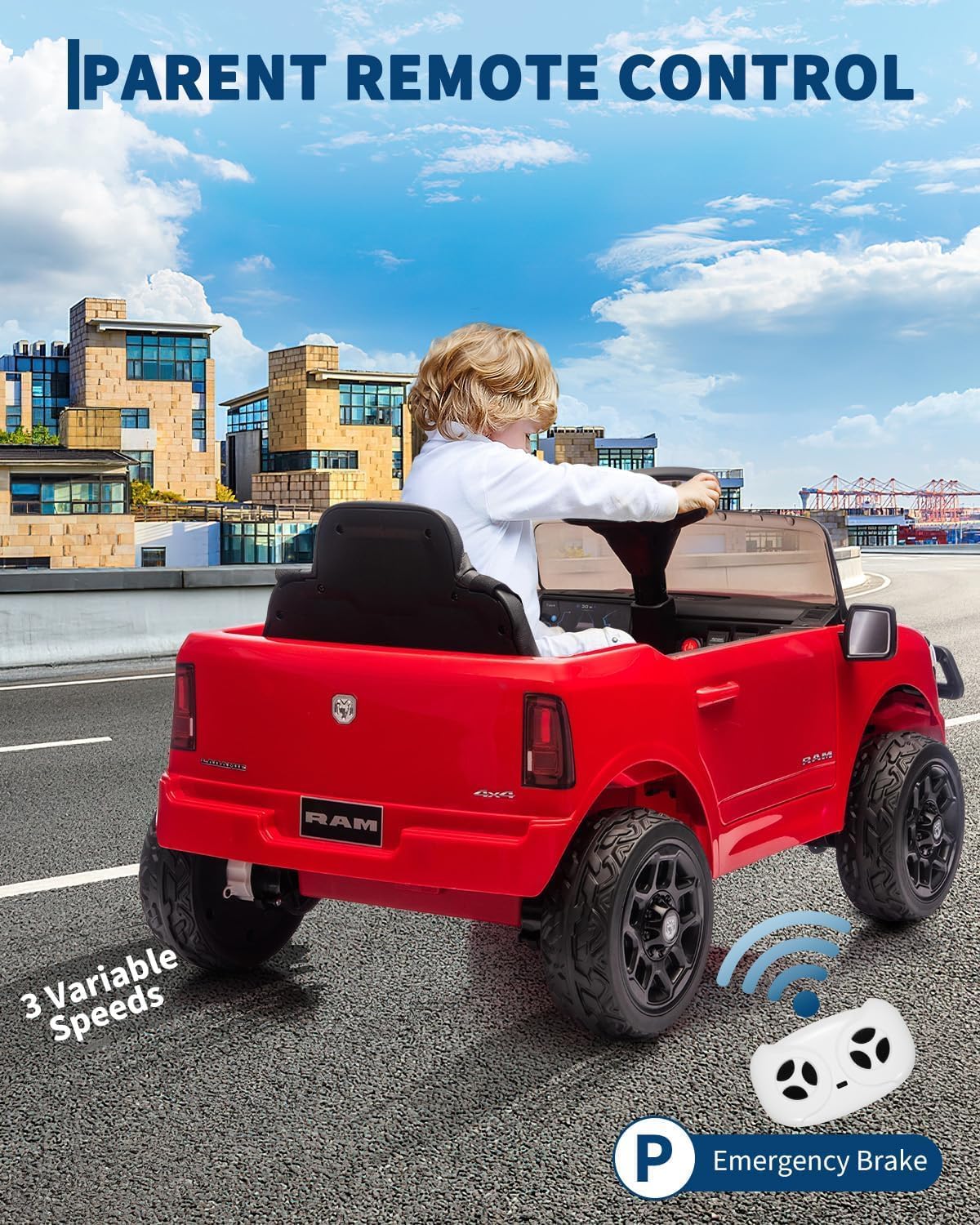 Garvee Kids Ride On Car RAM 12V Electric Truck with Remote Control, Spring Suspension, LED Lights, Music, Wide Seat, All-Terrain, for Toddlers Outdoor Play