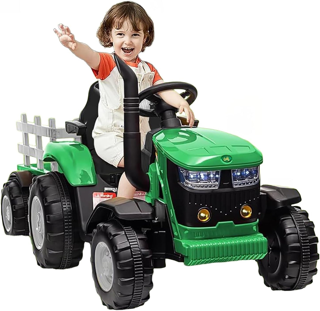 Garvee Ride - P Series: 12V Ride On Car with Trailer, Battery Powered Electric Vehicle Toy 35W Dual Motor, Led Lights, Horn, Music USB, Safety Belt, Green