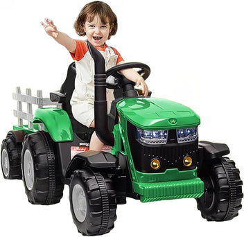 Garvee Ride - P Series: 12V Ride On Car with Trailer, Battery Powered Electric Vehicle Toy 35W Dual Motor, Led Lights, Horn, Music USB, Safety Belt, Green
