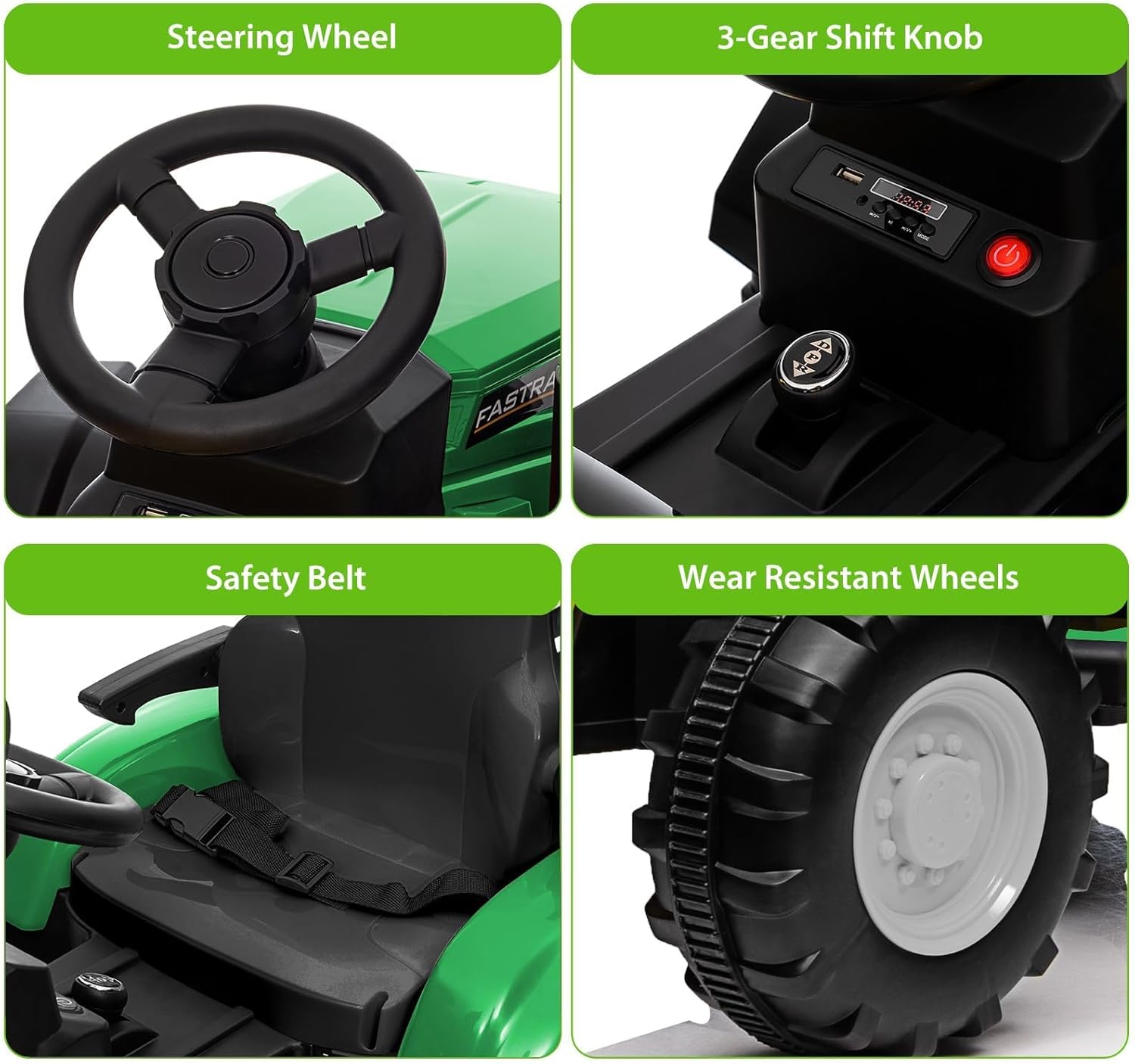 Garvee Ride - P Series: 12V Ride On Car with Trailer, Battery Powered Electric Vehicle Toy 35W Dual Motor, Led Lights, Horn, Music USB, Safety Belt, Green