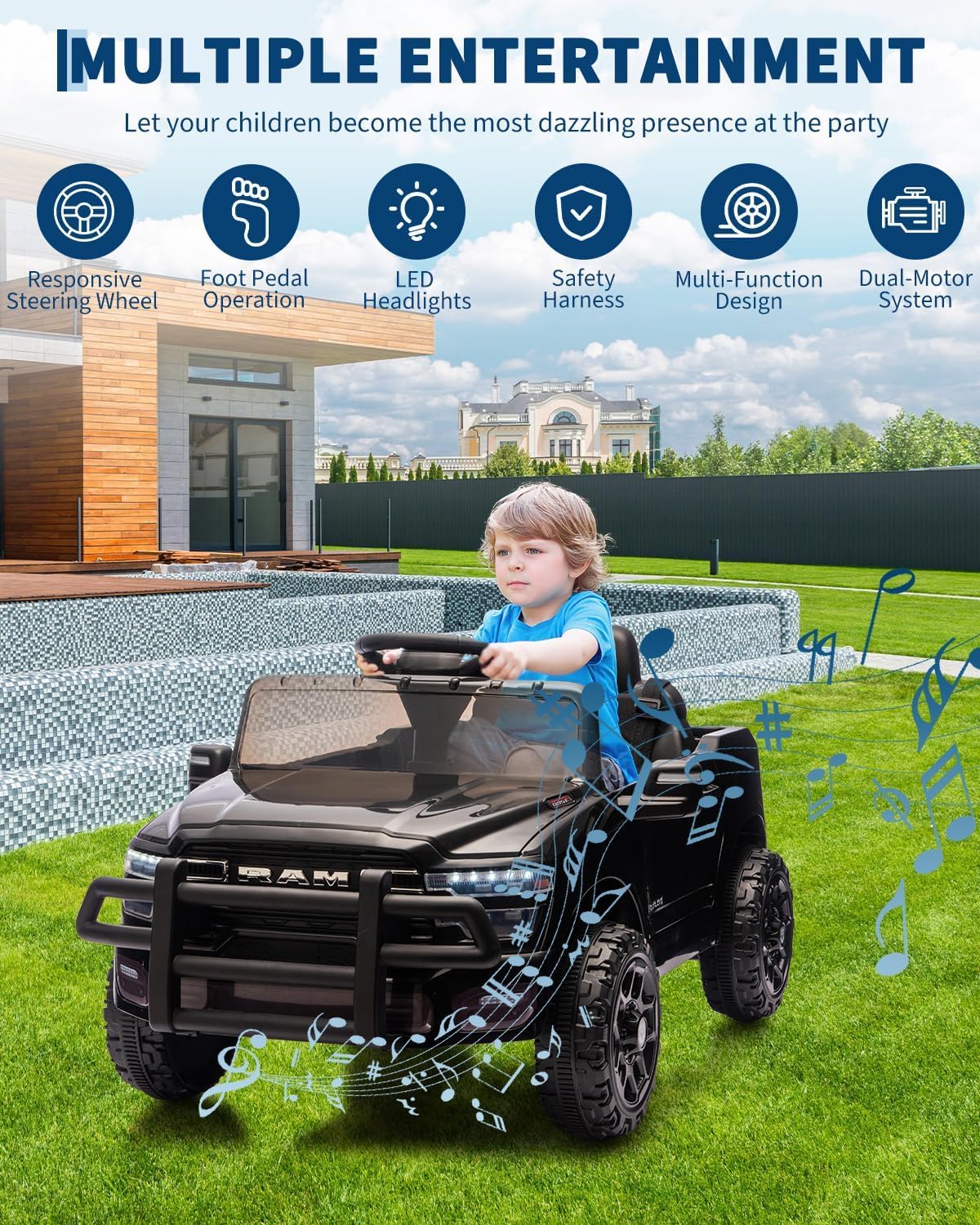 Garvee Electric Kids Ride On Truck RAM 12V with Remote Control, Spring Suspension, LED Lights, MP3 Player, Adjustable Seat, Indoor/Outdoor