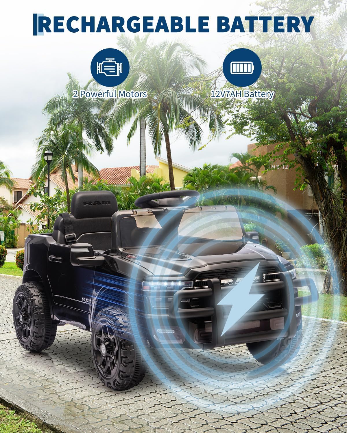 Garvee Electric Kids Ride On Truck RAM 12V with Remote Control, Spring Suspension, LED Lights, MP3 Player, Adjustable Seat, Indoor/Outdoor