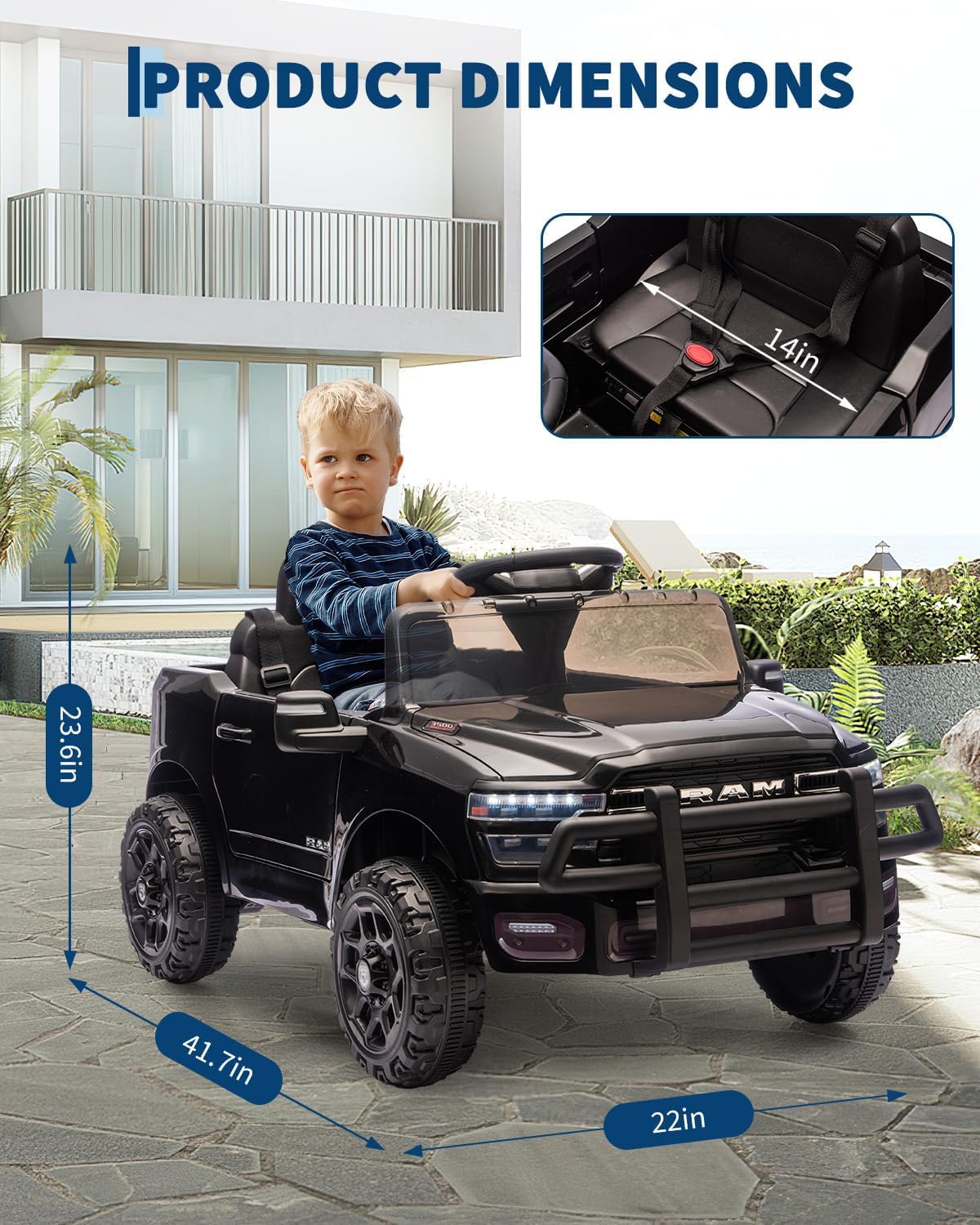Garvee Electric Kids Ride On Truck RAM 12V with Remote Control, Spring Suspension, LED Lights, MP3 Player, Adjustable Seat, Indoor/Outdoor