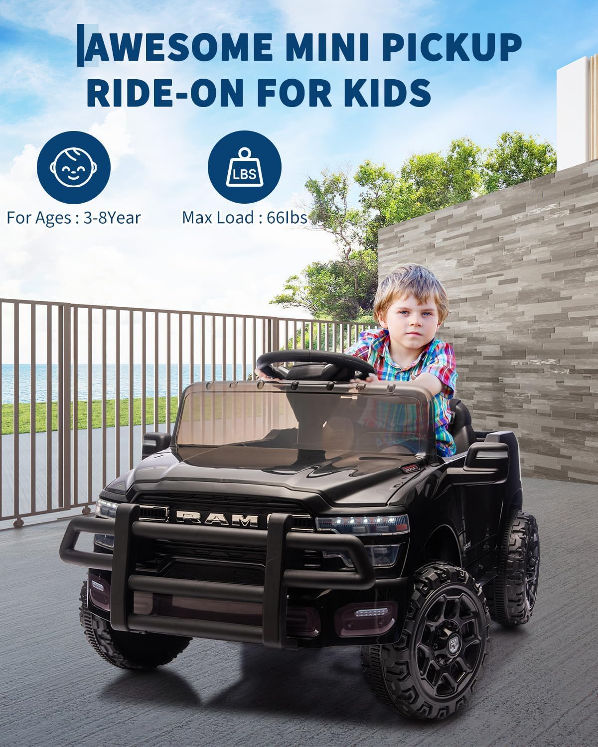 Garvee Electric Kids Ride On Truck RAM 12V with Remote Control, Spring Suspension, LED Lights, MP3 Player, Adjustable Seat, Indoor/Outdoor