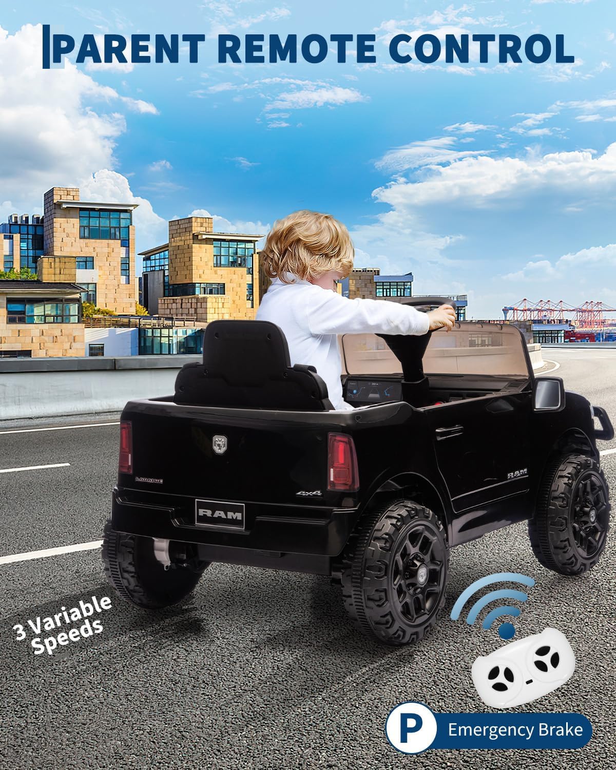 Garvee Electric Kids Ride On Truck RAM 12V with Remote Control, Spring Suspension, LED Lights, MP3 Player, Adjustable Seat, Indoor/Outdoor