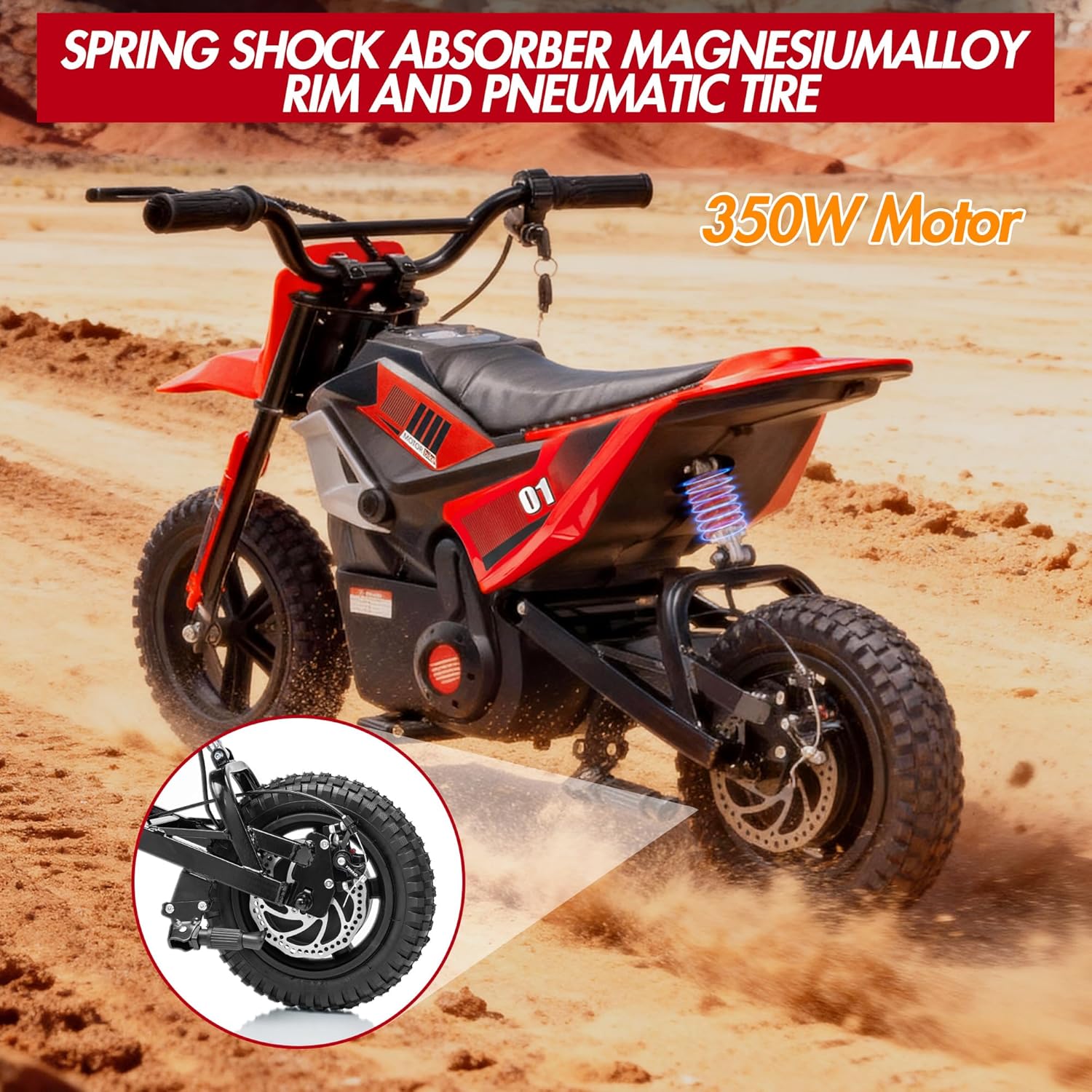 Garvee 24V Electric Dirt Bike 350W Motor 14MPH Speed Key Start Hand Brake 12" Fat Tires Dual Suspension Kids Outdoor Riding