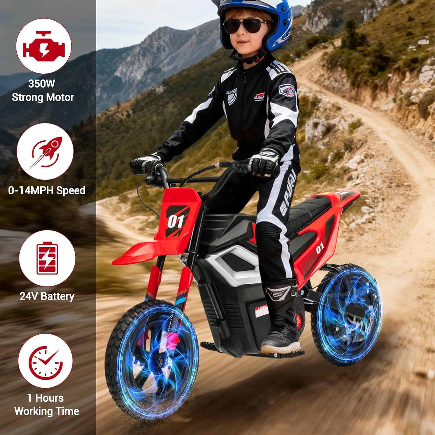 Garvee 24V Electric Dirt Bike 350W Motor 14MPH Speed Key Start Hand Brake 12" Fat Tires Dual Suspension Kids Outdoor Riding