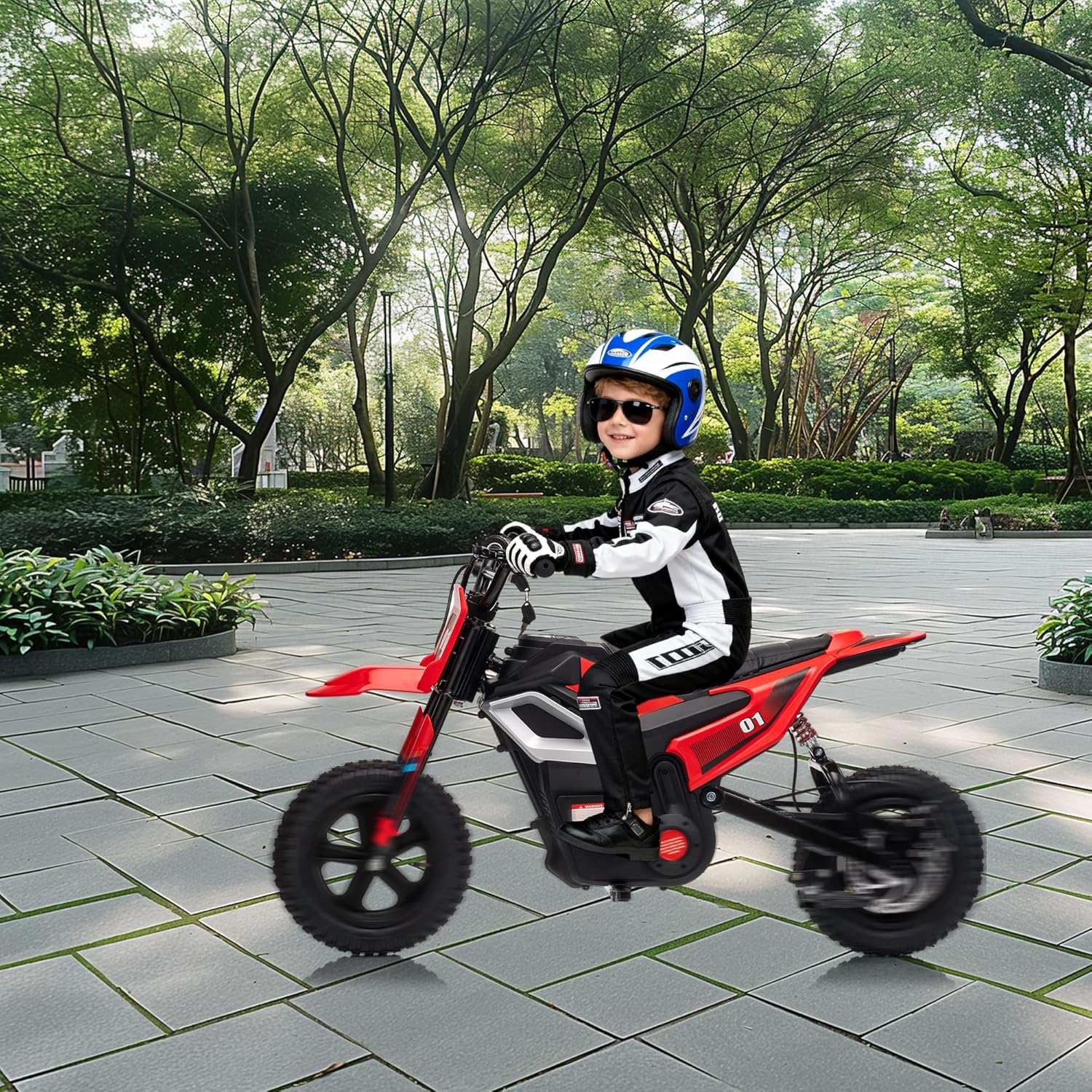 Garvee 24V Electric Dirt Bike 350W Motor 14MPH Speed Key Start Hand Brake 12" Fat Tires Dual Suspension Kids Outdoor Riding
