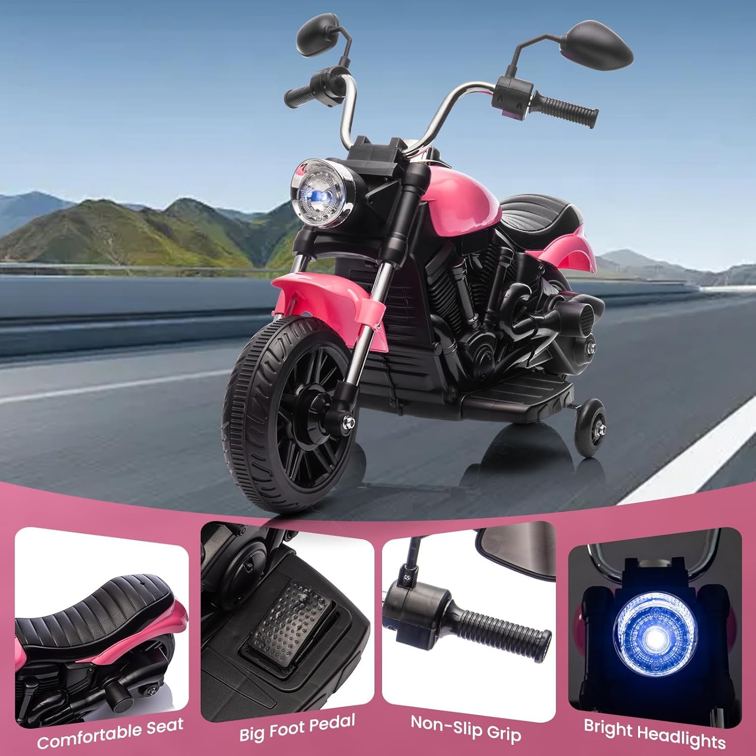 Garvee Ride - P Series: 12V Electric Motorcycle for Kids with Detachable Training Wheels, Soft Start, Reverse, Headlight, Horn, Music, Red, Toddler Ride-On Toy