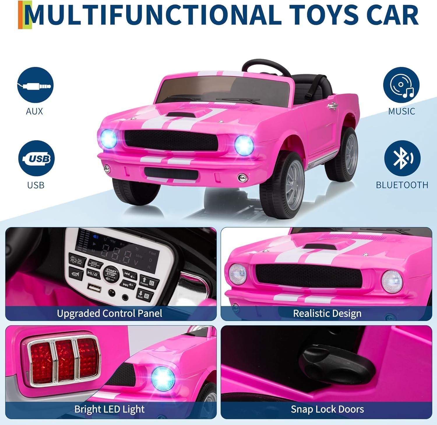 Garvee 24V 7AH 2-Seater Ride-On Car for Kids with Remote Control, Dual Safety Belts, 2-Speed, LED Lights, Music, Pink, Licensed Shelby GT350, Outdoor Play