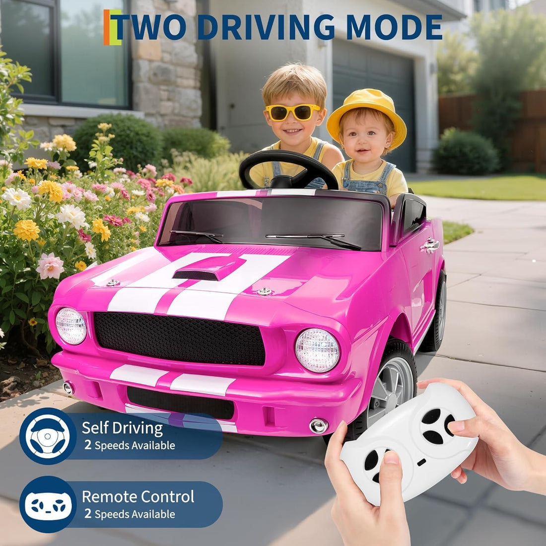 Garvee Ride - P Series: 24V 7AH 2-Seater Ride-On Car for Kids with Remote Control, Dual Safety Belts, 2-Speed, LED Lights, Music, Pink, Licensed Shelby GT350, Outdoor Play