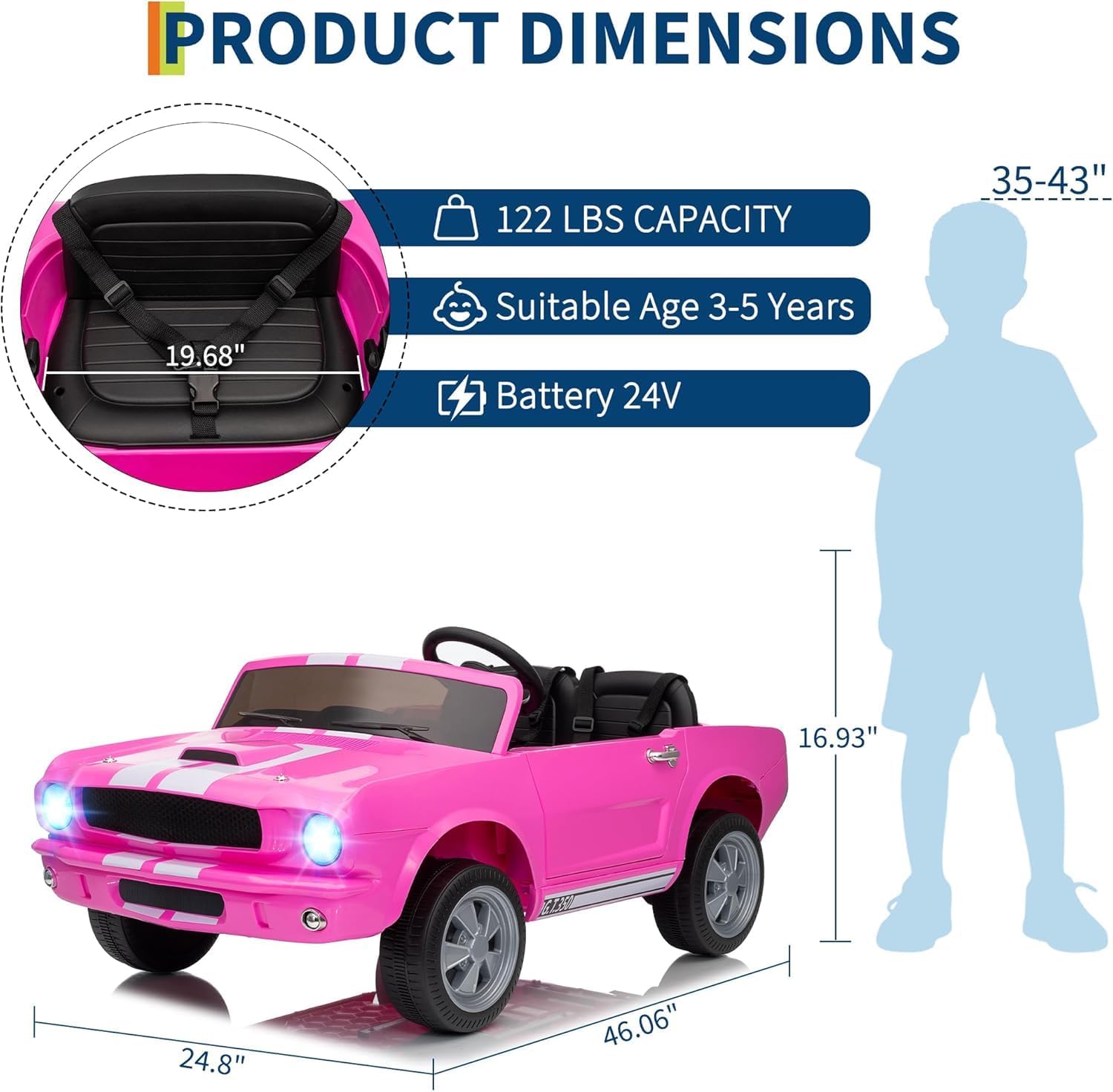 Garvee 24V 7AH 2-Seater Ride-On Car for Kids with Remote Control, Dual Safety Belts, 2-Speed, LED Lights, Music, Pink, Licensed Shelby GT350, Outdoor Play