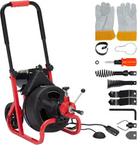Garvee Heavy Duty 100ft 3/8" Electric Drain Cleaner Machine - 370W Sewer Snake with Auto Feed, 8 Cutters & Gloves - Professional Pipe Cleaning Tool for 2-4 Inch Pipes - Red