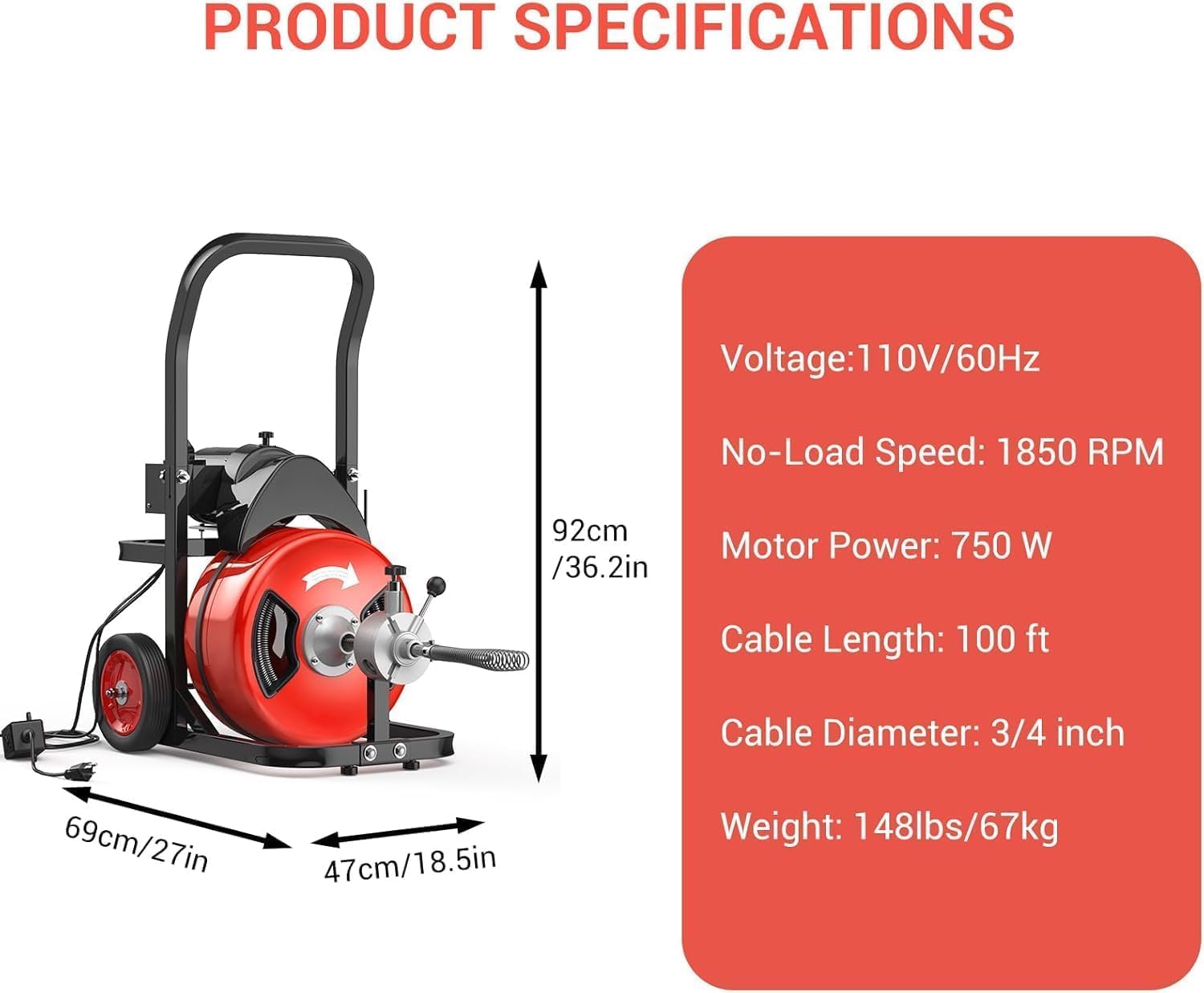 Garvee Powerful 100Ft x 3/4 Inch Electric Drain Cleaning Machine – 750W Auto-Feed Sewer Snake – 6 Cutter Heads – Air-Activated Foot Switch – For 4"-8" Pipes – Professional Plumbing Tool – Red Color