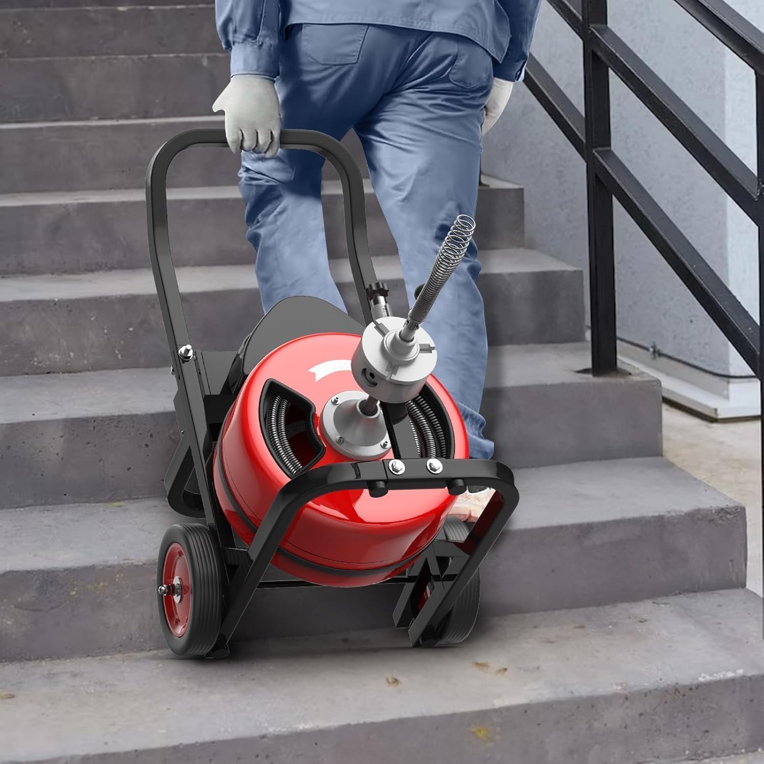 Garvee Powerful 100Ft x 3/4 Inch Electric Drain Cleaning Machine – 750W Auto-Feed Sewer Snake – 6 Cutter Heads – Air-Activated Foot Switch – For 4"-8" Pipes – Professional Plumbing Tool – Red Color