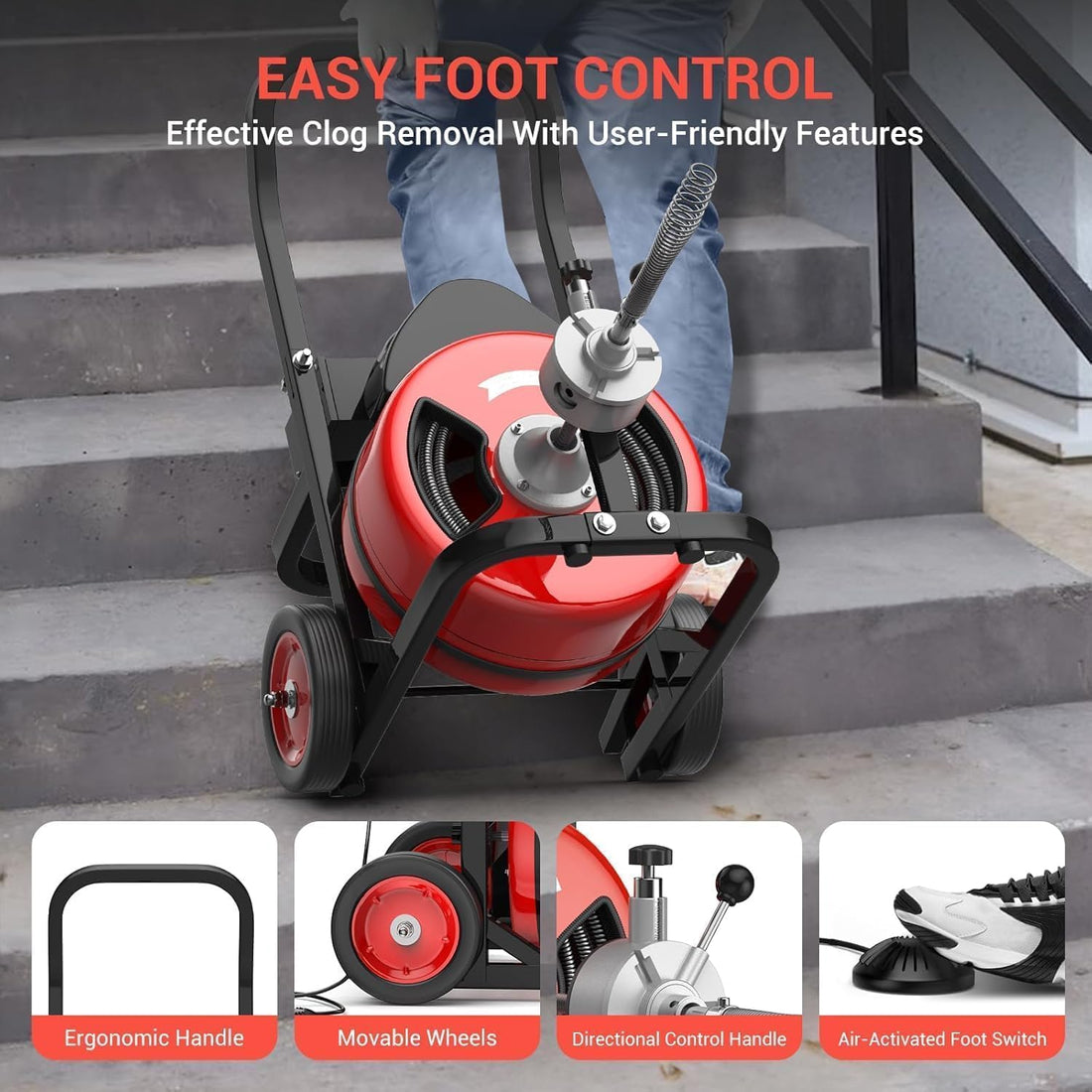 Garvee Powerful 100Ft x 3/4 Inch Electric Drain Cleaning Machine – 750W Auto-Feed Sewer Snake – 6 Cutter Heads – Air-Activated Foot Switch – For 4"-8" Pipes – Professional Plumbing Tool – Red Color