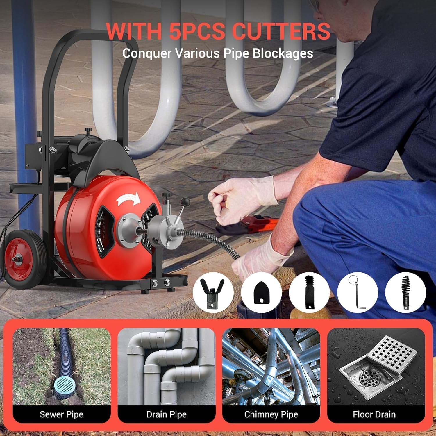 Garvee Powerful 100Ft x 3/4 Inch Electric Drain Cleaning Machine – 750W Auto-Feed Sewer Snake – 6 Cutter Heads – Air-Activated Foot Switch – For 4"-8" Pipes – Professional Plumbing Tool – Red Color