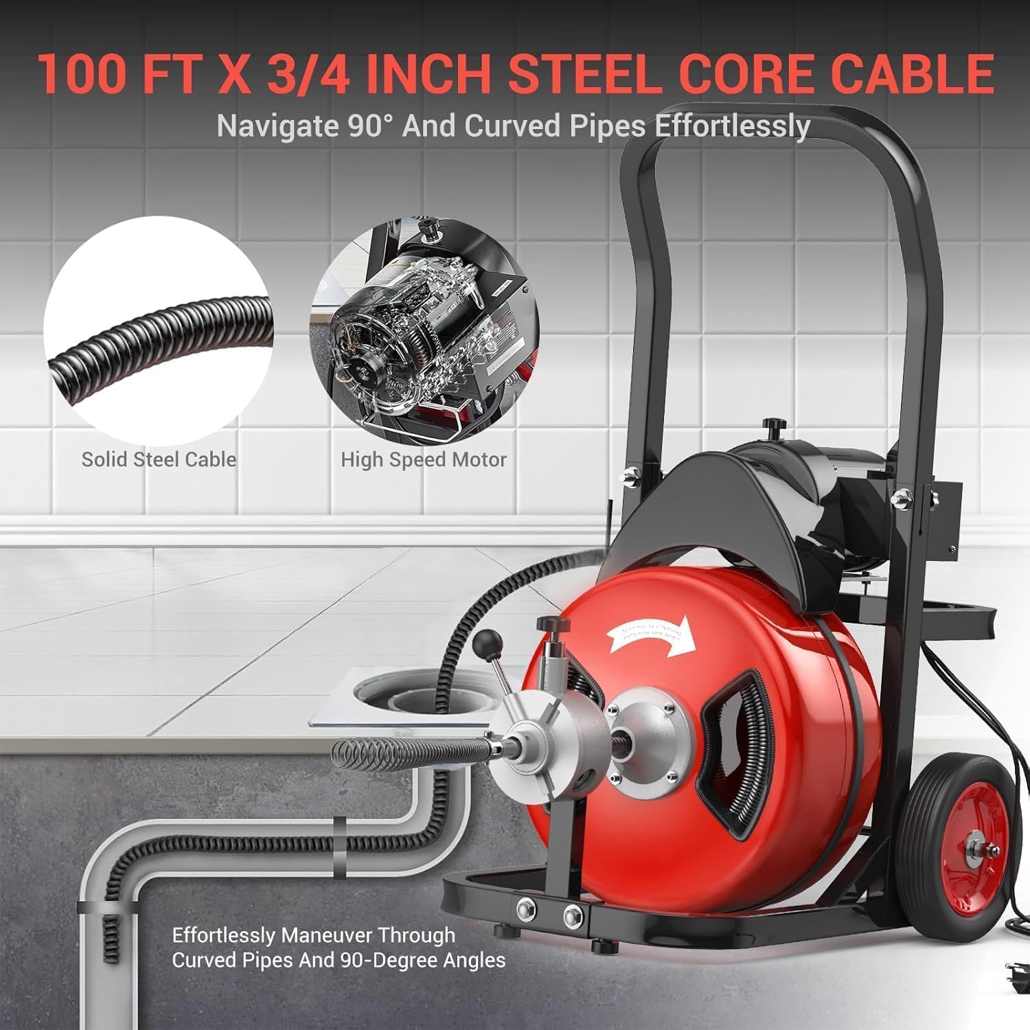 Garvee Powerful 100Ft x 3/4 Inch Electric Drain Cleaning Machine – 750W Auto-Feed Sewer Snake – 6 Cutter Heads – Air-Activated Foot Switch – For 4"-8" Pipes – Professional Plumbing Tool – Red Color