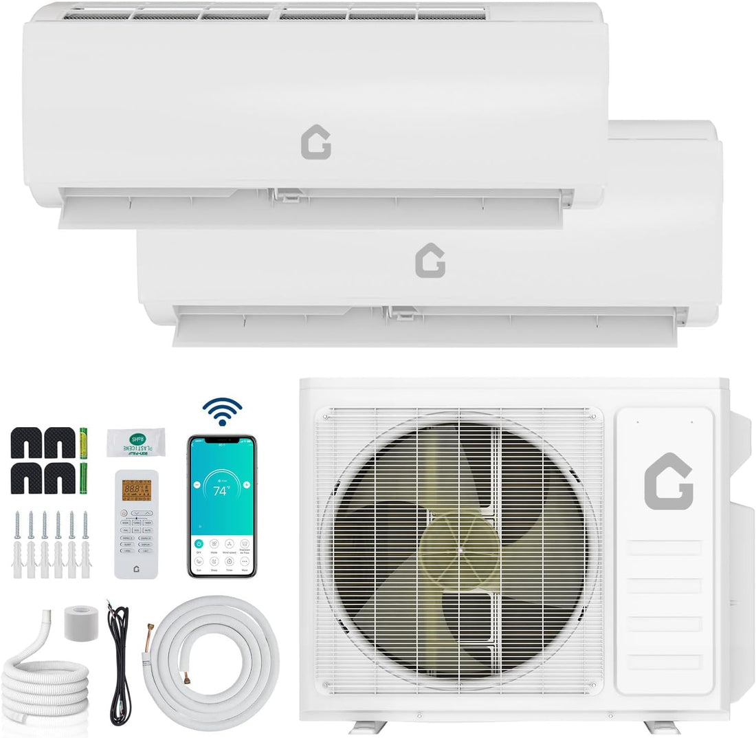 Garvee 20000 BTU OTD Dual Zone WIFI Mini Split AC Heating System, 20 SEER2, 2 Zone 9000+12000 BTU, Ductless, Pre-Charged Condenser, Heat Pump, 25Ft Copper Line, 208-230V