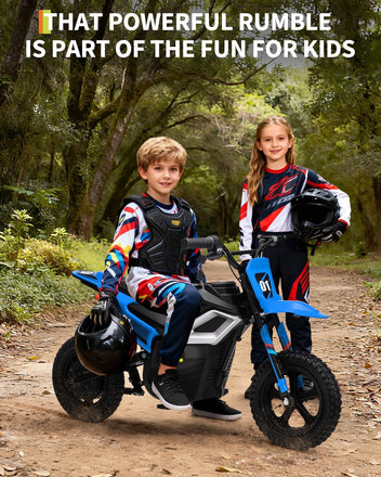 Garvee 24V Electric Dirt Bike for Kids 350W Motor, Rear Suspension, Leather Seat, Bluetooth Music, 12" Tires, Ages 10+, Outdoor Riding
