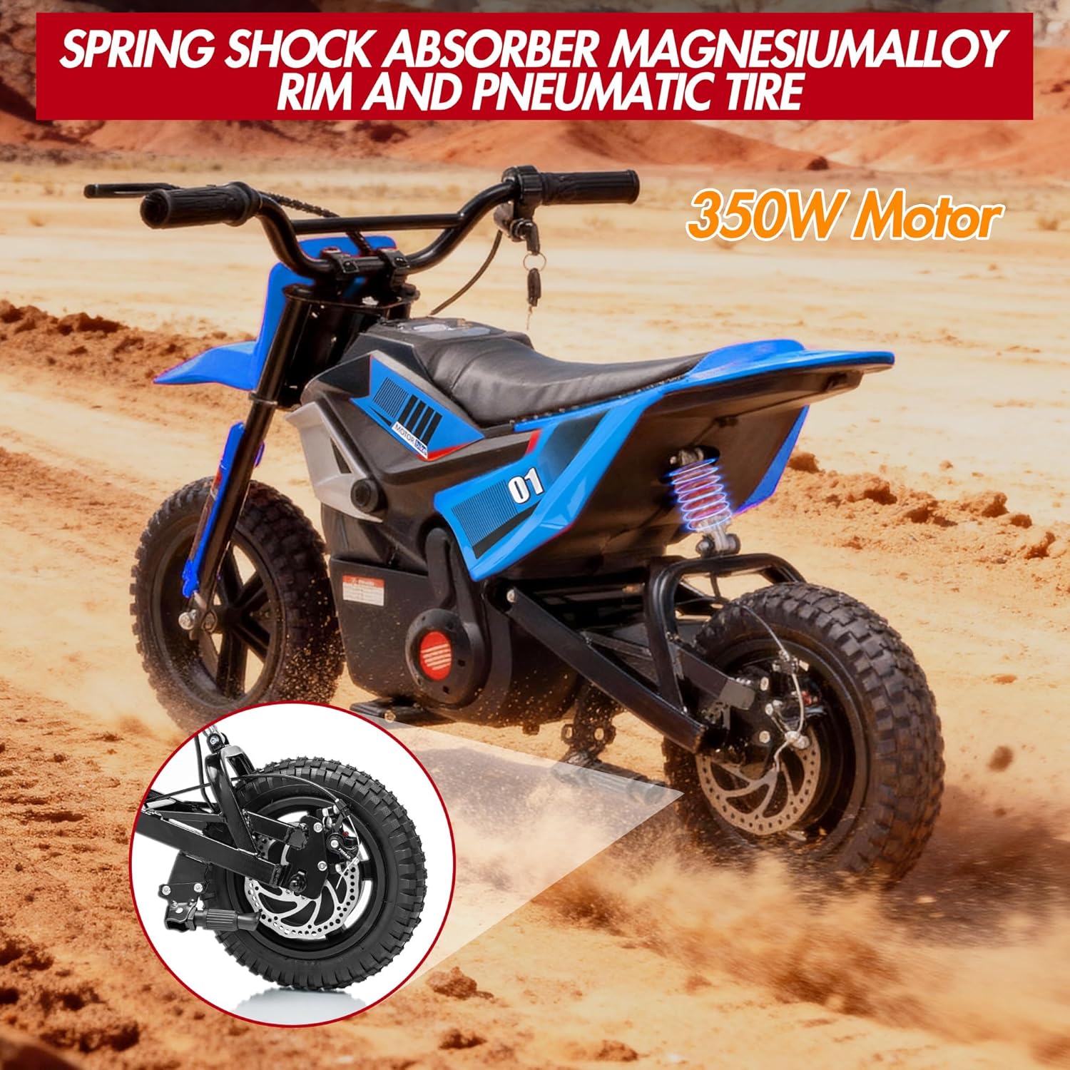 Garvee 24V Electric Dirt Bike for Kids 350W Motor, Rear Suspension, Leather Seat, Bluetooth Music, 12" Tires, Ages 10+, Outdoor Riding