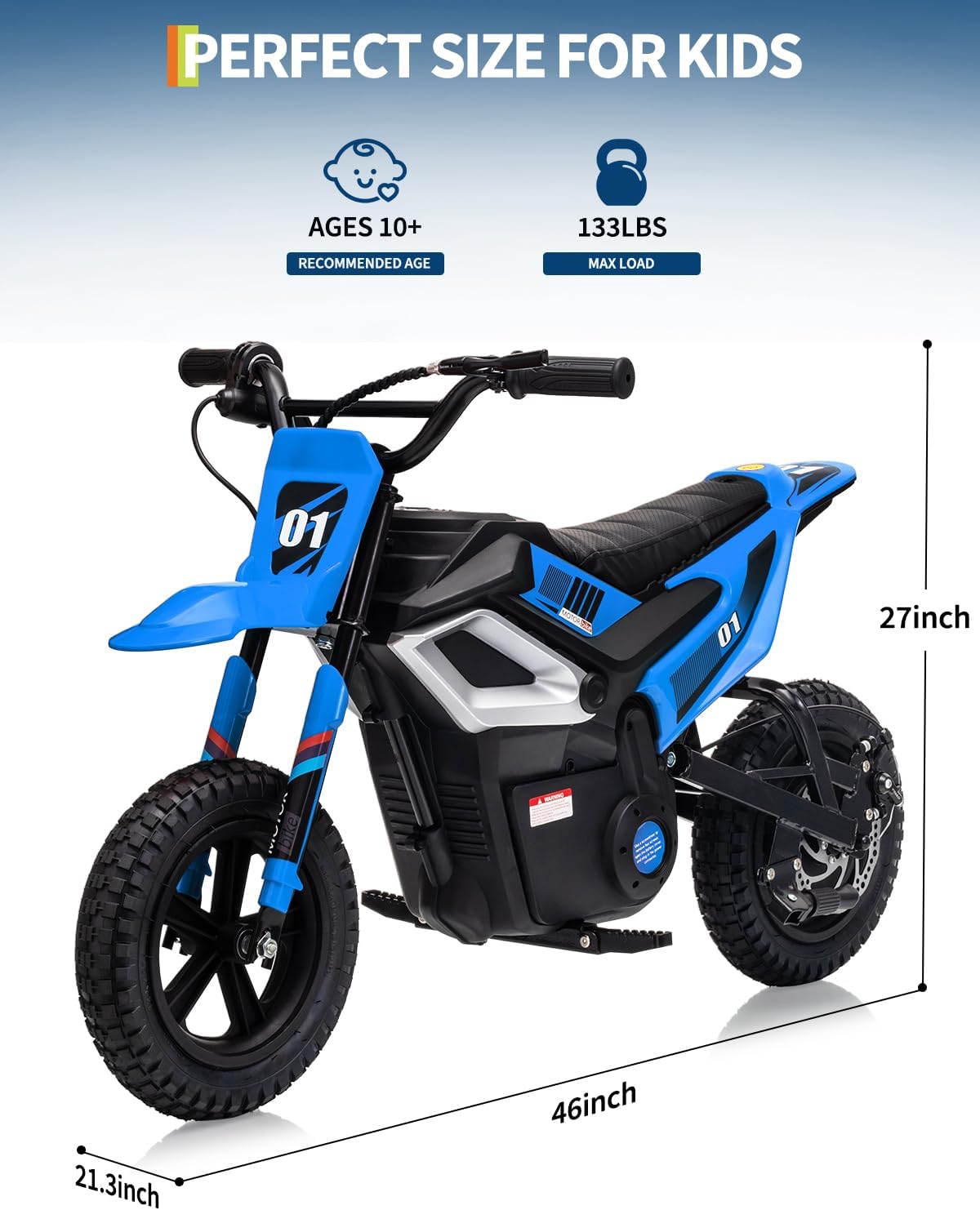 Garvee 24V Electric Dirt Bike for Kids 350W Motor, Rear Suspension, Leather Seat, Bluetooth Music, 12" Tires, Ages 10+, Outdoor Riding